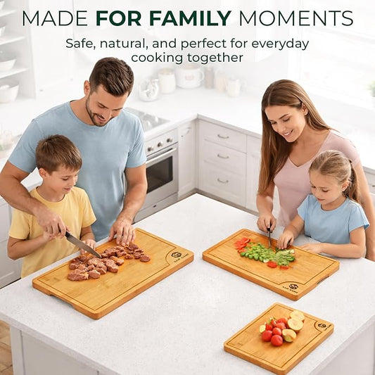 Bamboo Cutting Board Set of 3 – Non-Toxic, Eco-Friendly Bread & Meat Kitchen cutting Boards with Deep Juice Groove & Non-Slip Feet (9x5.9, 12x7.87, 14.96x10)