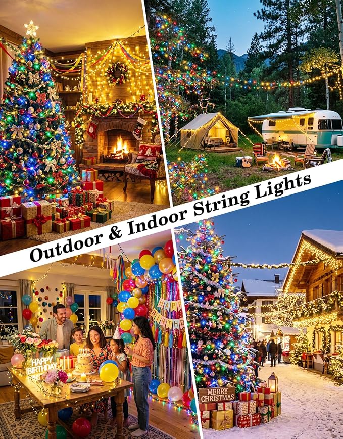 2 Pack 200LED Solar Christmas String Lights Outdoor Waterproof | Total 132FT Twinkle Lights with 8 Lighting Modes Remote for Outside Christmas Trees Decorations, Warm White & Multicolor