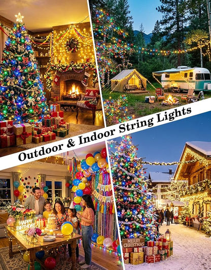 2 Pack 200LED Solar Christmas String Lights Outdoor Waterproof | Total 132FT Twinkle Lights with 8 Lighting Modes Remote for Outside Christmas Trees Decorations, Warm White & Multicolor