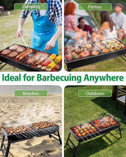 Kizmyee Portable BBQ Barbecue Grill, Foldable & Retractable BBQ Grill | Compact for Travel & Expandable for Multi-Person Use, for Outdoor Camping Picnic Backyard Travel