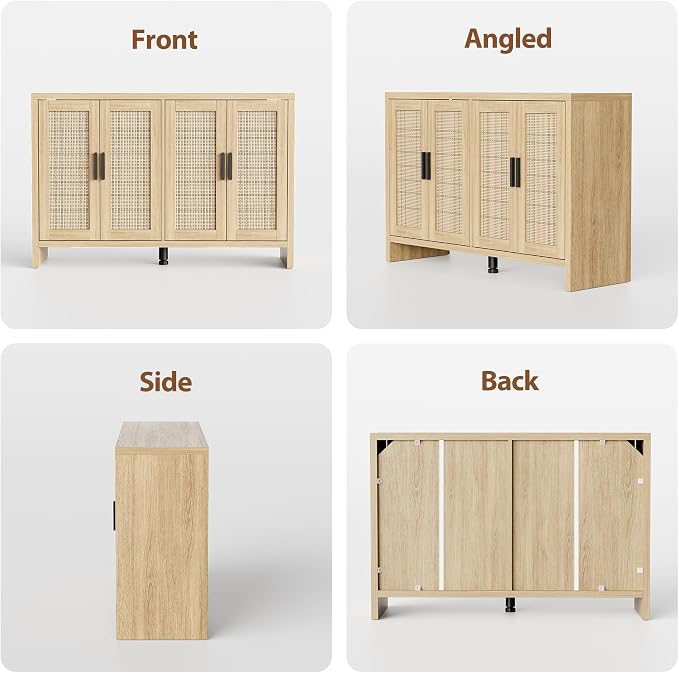 Rattan Buffet Cabinet with Storage, Sideboard with Doors, Console Table, Farmhouse Coffee Bar, Modern Wood Long Cabinets (Oak)