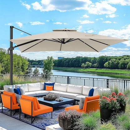 Hoteel 10ft Patio Umbrella Heavy Duty Aluminum Windproof & Shade Provision Outdoor Cantilever Double Top Offset Large Umbrella Height Adjustable with 360°Rotation for Patio Pool Deck Gazebo, Beige