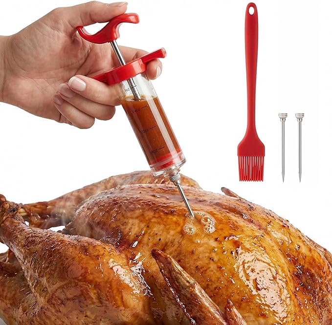 Li&Zhao Meat Injector Syringe Kit - 1-Oz Capacity with 3 Stainless Steel Needles, Cleaning Brush, Silicone Basting Brush-Essential Turkey Baster Syringe for Moisture-Infused BBQ, Smoked Meats, Pork