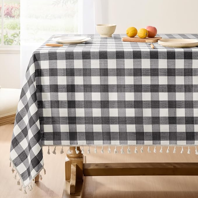 Softalker Checkered Tablecloth Square, Outdoor Linen Cotton Gingham Table Cloth with Tassel, Heavy Duty Wrinkle Free Buffalo Plaid Table Cover for Kitchen Dining Summer Party - 55 x 55 Inch, Black