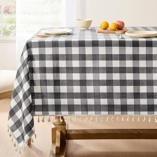 Softalker Checkered Tablecloth Square, Outdoor Linen Cotton Gingham Table Cloth with Tassel, Heavy Duty Wrinkle Free Buffalo Plaid Table Cover for Kitchen Dining Summer Party - 55 x 55 Inch, Black
