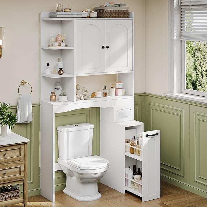 Einhomn Over The Toilet Storage Cabinet with Pulley, Space Saver Bathroom Organizer with Arched Doors & Open Shelves, Toilet Paper Holder Stand Toilet Rack for Bathroom, Restroom, Laundry, White