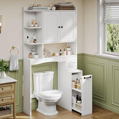 Einhomn Over The Toilet Storage Cabinet with Pulley, Space Saver Bathroom Organizer with Arched Doors & Open Shelves, Toilet Paper Holder Stand Toilet Rack for Bathroom, Restroom, Laundry, White