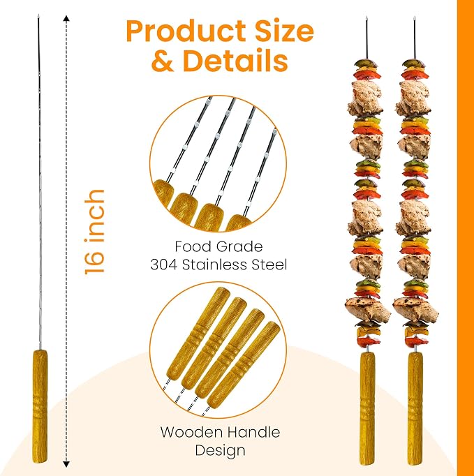 12 Metal Skewers with Wooden Handles, 16 inch BBQ Kabob