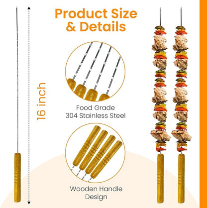 12 Metal Skewers with Wooden Handles, 16 inch BBQ Kabob