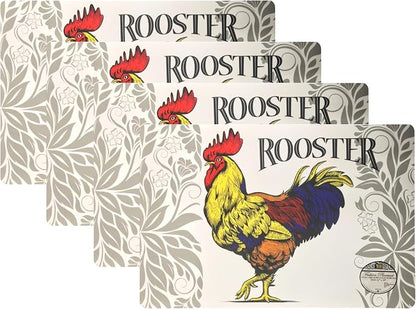 Set of 4 Sturdy Foam Backed Placemats Kitchen Table Decorator and Protection Easy Clean 12" X 18", Rooster
