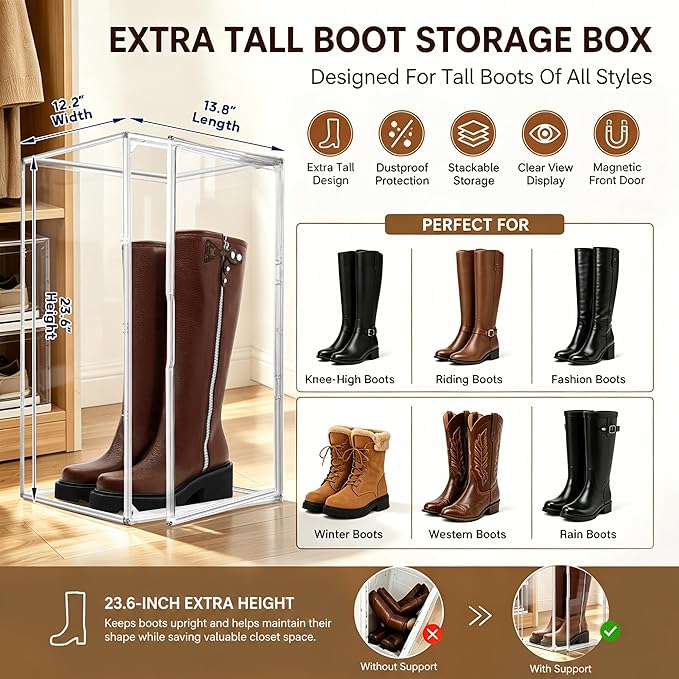 Boot Organizer for Extra Tall Boots, 23.6'' Stackable Acrylic Display Case | Clear magnetic door.Keep tall boots upright.Ideal for knee-high and riding boots,fashion boots,huge figures,tall collectible