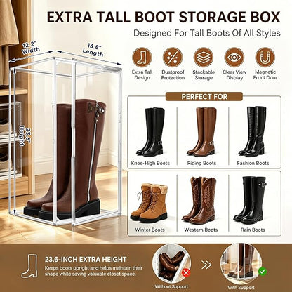 Boot Organizer for Extra Tall Boots, 23.6'' Stackable Acrylic Display Case | Clear magnetic door.Keep tall boots upright.Ideal for knee-high and riding boots,fashion boots,huge figures,tall collectible