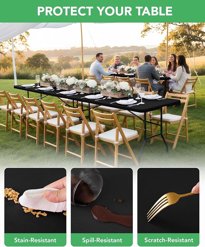 Fitted Tablecloth Rectangle Table Cloths with Elastic, 8 ft, Black, 6 Pack | For Outdoor Picnic Camping Party 8 foot Folding Spandex Table Covers, Water-Resistant, Windproof, Reusable, 96"L x 30"W