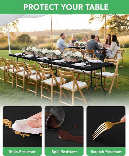 Fitted Tablecloth Rectangle Table Cloths with Elastic, 6 ft, Black, 8 Pack | For Outdoor Picnic Camping Party 6 foot Folding Spandex Table Covers, Water-Resistant, Windproof, Reusable, 72"L x 30"W