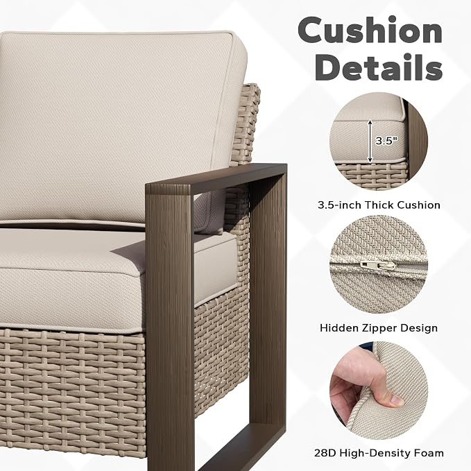 Joyside Outdoor Patio Chairs, 6 Pieces Wicker Rattan Furniture Set, 4 Patio Chairs and 2 Ottoman, Metal Wide Armrest, Thick Cushions and Deep Seating for Garden, Backyard, Porch, Deck