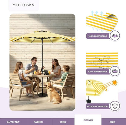 Midtown Umbrellas 10-Year-No-Fade - 9 Ft - UV Proof Yellow/white Stripes Fabric - Umbrella Outdoor Patio, Auto-Tilt Aluminum Frame Patio Umbrella for Garden, Pool & Deck - Black Pole