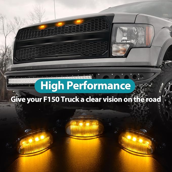 Led Front Grille Lights For 2004-2020 Ford F150,2017-2022 F250,2013-2018 Dodge Ram 1500 Raptor Style Aftermarket Grill Replacement Grills Lamps kit Accessories (black shell amber light)