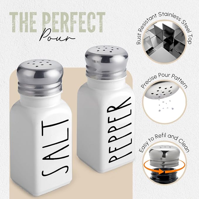 White Salt and Pepper Shakers Set with Holder by Brighter Barns - Farmhouse Salt Shakers with Caddy and Stainless Steel Lids - Cute Neutral Kitchen Decor for Vintage Home, Restaurants, Gifts (White)