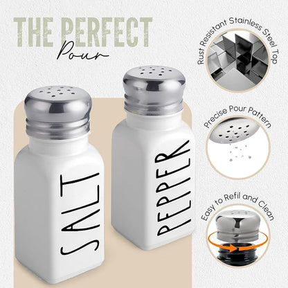 White Salt and Pepper Shakers Set with Holder by Brighter Barns - Farmhouse Salt Shakers with Caddy and Stainless Steel Lids - Cute Neutral Kitchen Decor for Vintage Home, Restaurants, Gifts (White)
