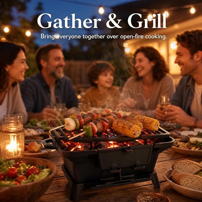 Cast Iron Hibachi Grill Outdoor, Japanese Yakitori Grill for Camping, Small Portable Charcoal Hibachi Grills, Cast Iron, with Double-Sided Grate, for Indoor Outdoor BBQ (2, No handle)