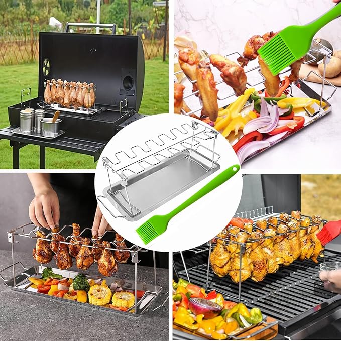Chicken Leg Rack for Grill with Drip Tray, 14 Slots Stainless Steel Chicken Wing Rack, Chicken Drumstick Holder for Smoker,Chicken Drumstick Rack BBQ Accessories
