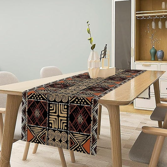 Vintage African Geometric Tribal Table Runner Colorful Abstract Africa Traditional Mud Pattern Seasonal Summer Holiday Dinner Runner for Farmhouse Dinner Table Party Decor Brown 13x90in