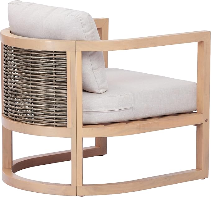 Merax Outdoor Acacia Wood Club Armchair wtih Cushions Set of 2, Patio Sofa Chair with Rattan-Woven Back, Sturdy Base for Porch, Lawn, Backyard, Balcony, Light Teak