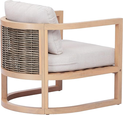 Merax Outdoor Acacia Wood Club Armchair wtih Cushions Set of 2, Patio Sofa Chair with Rattan-Woven Back, Sturdy Base for Porch, Lawn, Backyard, Balcony, Light Teak