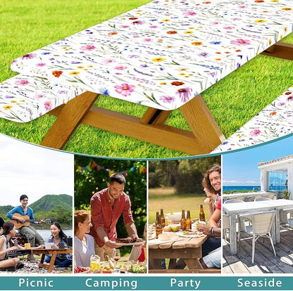 Floral Picnic Table Cover with Bench Covers and Bag, Camping Essentials, Colorful Wildflower Waterproof Camping Tablecloth with Elastic Edges Fitted Rectangle for Outdoor & Garden, 3 Pcs, 30x96 Inch