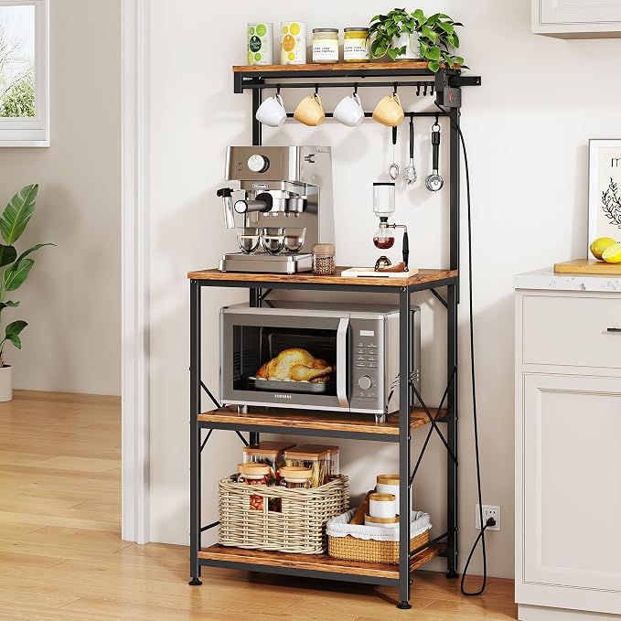SNTD Bakers Rack with Power Outlet, Microwave Stand, Rustic Brown, 21.7" W | Coffee Stand, 4 Tiers Kitchen Storage Shelves, 10 Hooks, Metal Frame, X-Shaped Reinforcement