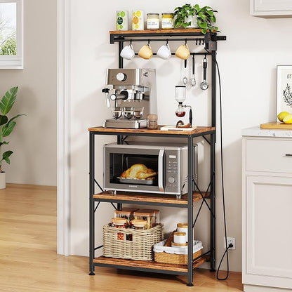 SNTD Bakers Rack with Power Outlet, Microwave Stand, Rustic Brown, 21.7" W | Coffee Stand, 4 Tiers Kitchen Storage Shelves, 10 Hooks, Metal Frame, X-Shaped Reinforcement