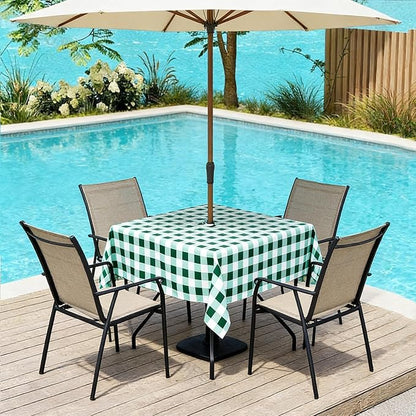 Poise3EHome Square Outdoor Tablecloth with Umbrella Hole and Zipper,Green and White Gingham 60x60 Inch,SpillProof Washable Table Cloth for Spring Summer Patio Garden Poolside Picnic Camping BBQS