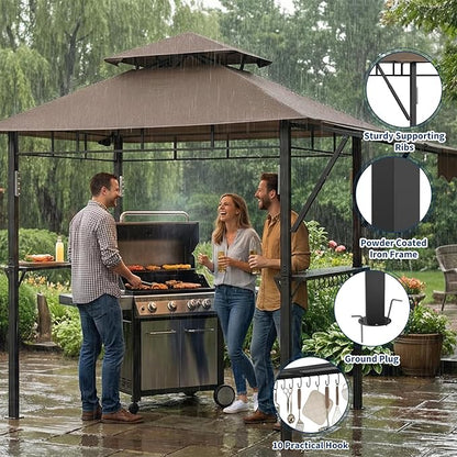 8x5 ft Grill Gazebo, Double Tired Outdoor Patio Canopy Tent with Side Awning Shelves,4 LED Lights,10 Hooks & Bottle Opener,Heavy Duty Steel Frame Grilling Canopy for Patio Backyard Garden Picnic,Brown