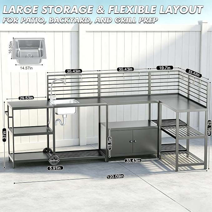 LEVELEVE Modular Outdoor Kitchen Island 5-Piece Set, Aluminum Outdoor Kitchen Cabinets Prep Station with Sink, Storage Cabinets & Shelves for Patio, Backyard & Deck