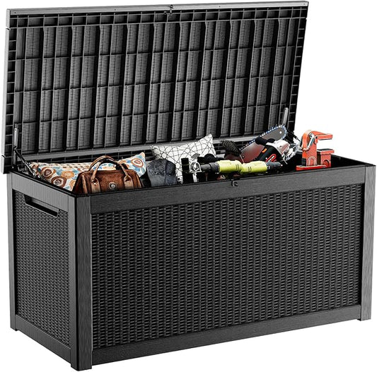PatioZen 320 Gallon Large Resin Deck Box, Lockable Outdoor Storage Box for Patio Cushions Storage Furniture,Garden Tools, Pool Supplies, Weatherproof and UV Resistant (Black)