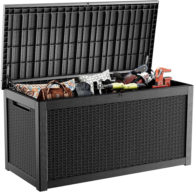 ROJIK 260 Gallon Waterproof Outdoor Deck Storage Box, Lockable Resin Patio Storage Bin with Lid for Garden Tools, Patio Cushions & Outdoor Accessories(Black)