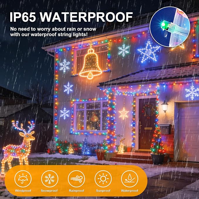 Multicolor Christmas Fairy String Lights, 165FT 500L Indoor Outdoor | 8 Modes with Memory, IP65 Waterproof, Clear Wire, Tangle-Free Design for Classroom Bedroom Camping window Party wedding Decor