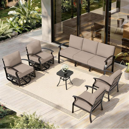 ALAULM Aluminum Patio Furniture Set with 2 Swivel Chairs 7-seat Metal Outdoor Furniture Patio Sectional Sofas Patio Conversation Set w/5.1" Cushions for Patio, Backyard, Poolside-Sand