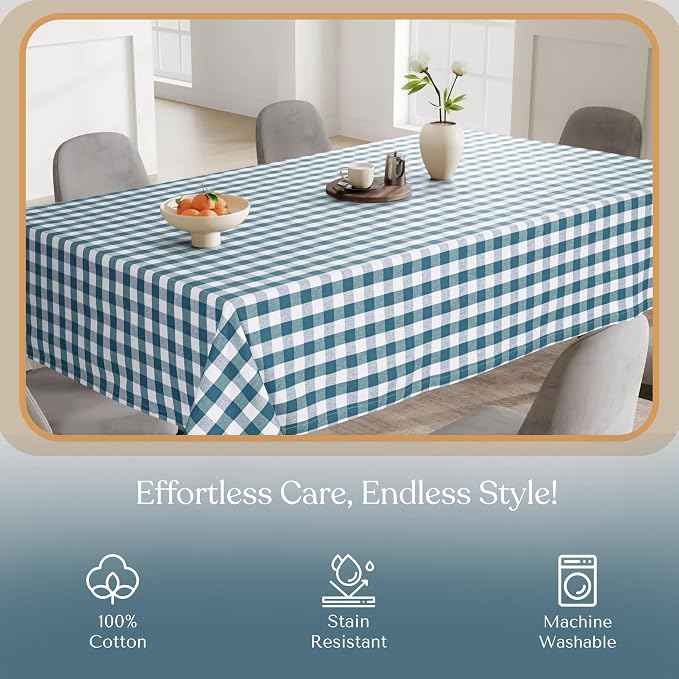 Gingham Tablecloth, 60x102 Inch, 100% Cotton, Classic Check Table Cover, Durable & Washable for Farmhouse Kitchen, Picnics, Dining Table, Everyday Use, Teal Green and White