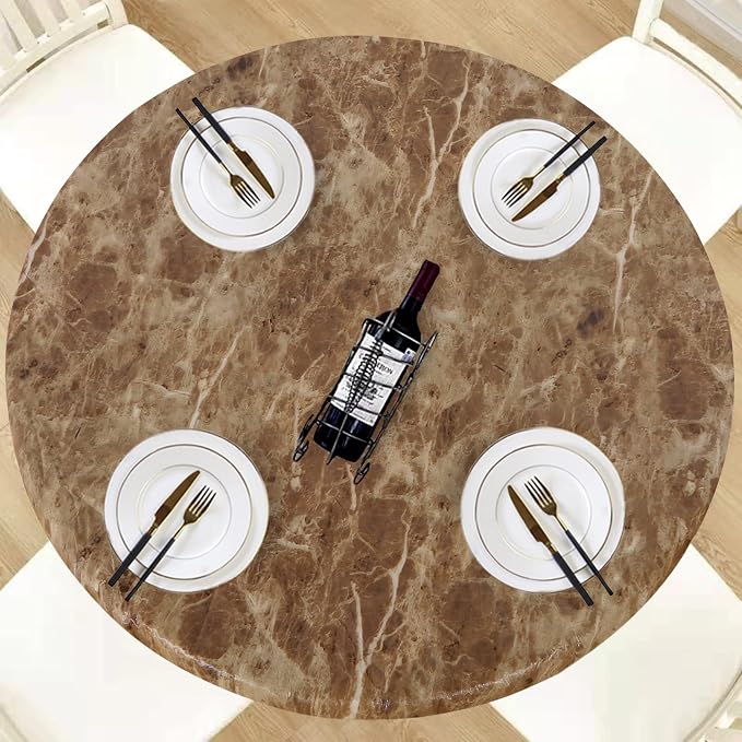 LUSHVIDA Round Waterproof Table Cover Elastic Vinyl Fitted Tablecloth Elastic Edged Plastic Table Cloth (Brown Marble, Best for Up to 36"-44" Round)