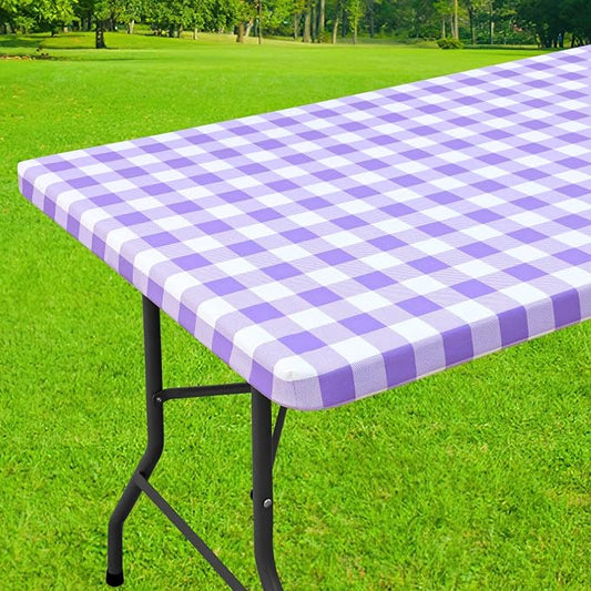 Smiry Rectangle Picnic Table Cloth, Elastic Waterproof Fitted Vinyl Tablecloths, Flannel Backed Buffalo Plaid Table Covers for Dining, Camping, Outdoor (White and Purple, 24" x 48")