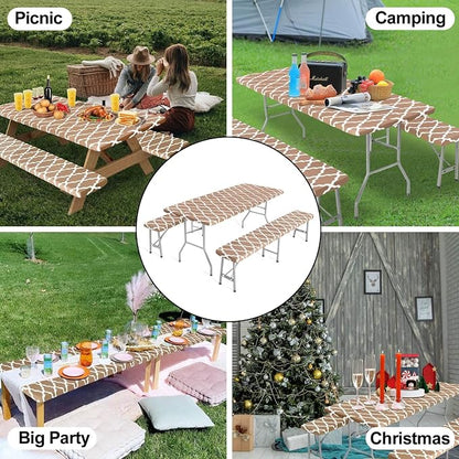 OutdoorLines Vinyl Fitted Picnic Table Cover with Bench Covers | Elastic Waterproof Camping Tablecloth for Picnic Table (Moroccon Camel 72x30 Inch, 3 Pcs)