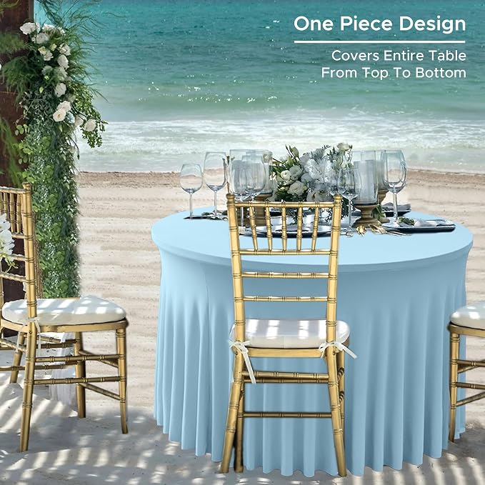 HolidayIdeas Fitted Baby Blue Spandex Table Skirts for Wedding Party,60 Inch Round,6 Pack