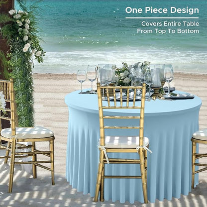 HolidayIdeas Fitted Baby Blue Spandex Table Skirts for Wedding Party,60 Inch Round,6 Pack