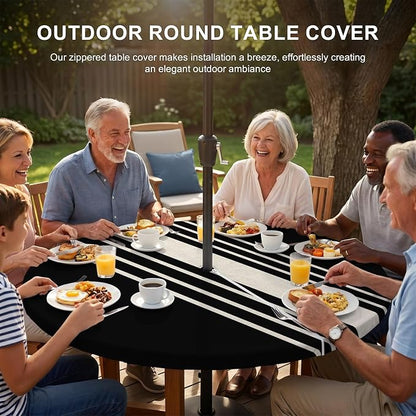 Outdoor Fitted Tablecloth with Umbrella Hole and Zipper, Black Beige Striped Elastic Round Patio Table Cover, Farmhouse Retro Lines Modern Windproof Table Protector for Backyard BBQ Party 45''-54''