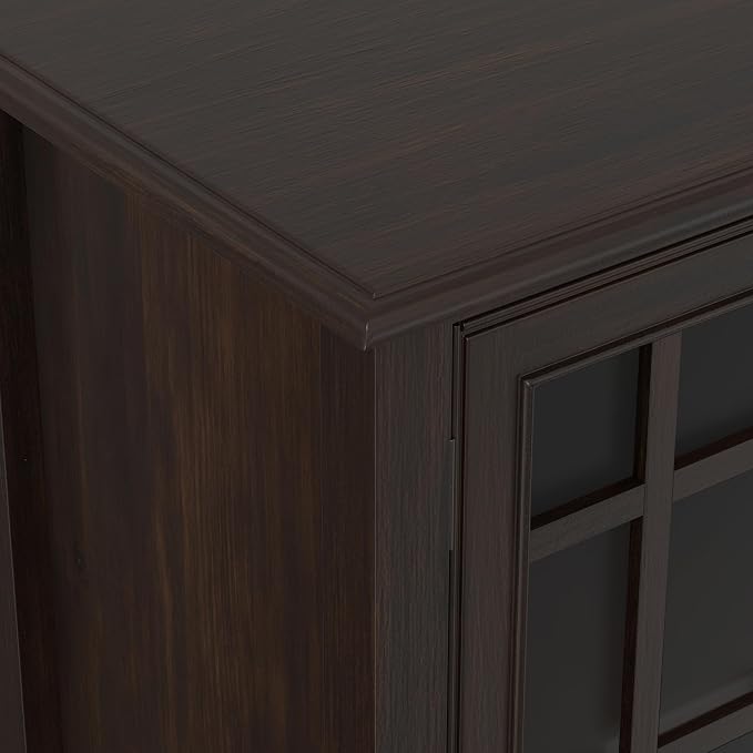 SIMPLIHOME Connaught 60" Solid Wood Buffet in Chestnut Brown | Traditional sideboard buffet with glass doors and adjustable shelves for organized dining or living room storage.