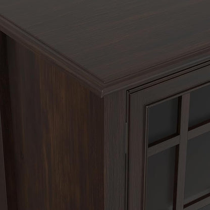 SIMPLIHOME Connaught 60" Solid Wood Buffet in Chestnut Brown | Traditional sideboard buffet with glass doors and adjustable shelves for organized dining or living room storage.