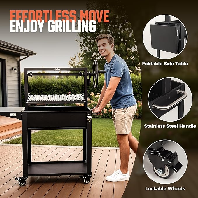 BIG HORN Santa Maria Grill, Argentine Parrilla Grill with Adjustable Height Grate, Wood Fire & Charcoal BBQ Grill, Large Outdoor Open Fire Grill with Storage for Patio & Backyard