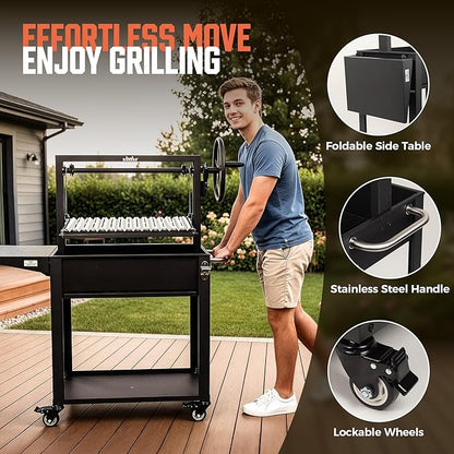 BIG HORN Santa Maria Grill, Argentine Parrilla Grill with Adjustable Height Grate, Wood Fire & Charcoal BBQ Grill, Large Outdoor Open Fire Grill with Storage for Patio & Backyard