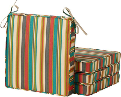Outdoor 18 inch Square Patio Dining Chair Pads – Comfortable Fiber-Filled Seat Cushions with Ties, Reversible Polyester Fabric - Sunset Stripe - Updated, Set of 4